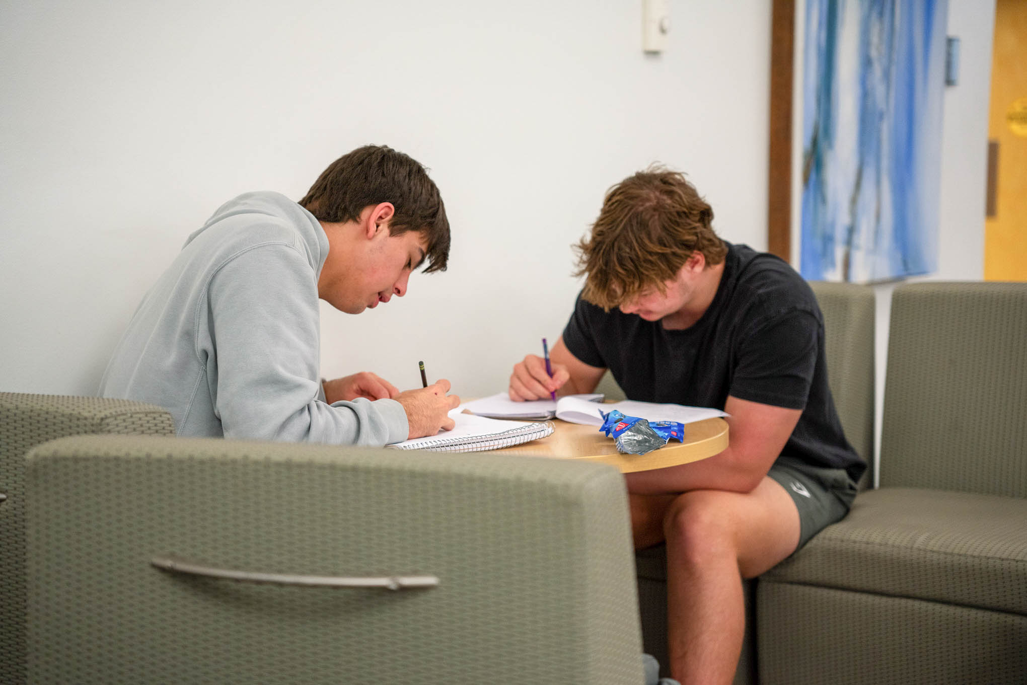 Two guys studying at a table together.
